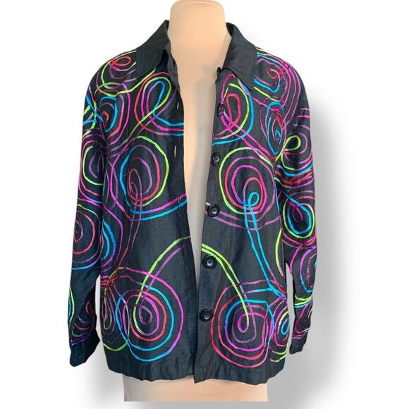 NDS Woman Silk Blend Button-Up Shirt Jacket Oversized Black Embroidered Plus 1X - Picture 2 of 9